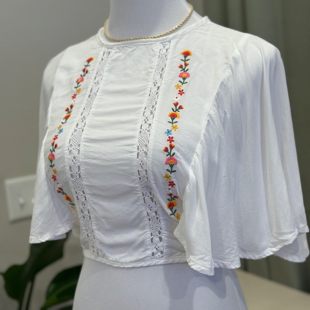 Blue Rain White Embroidered Flutter Sleeve Blouse